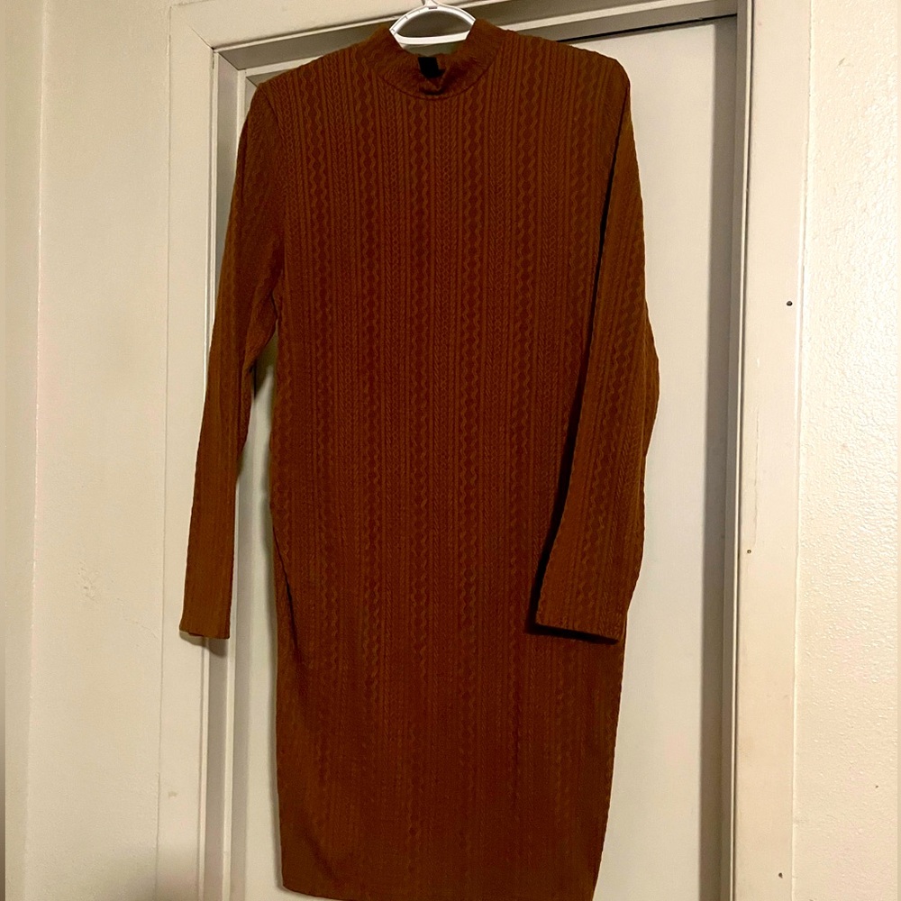 Camel color sweater dress.